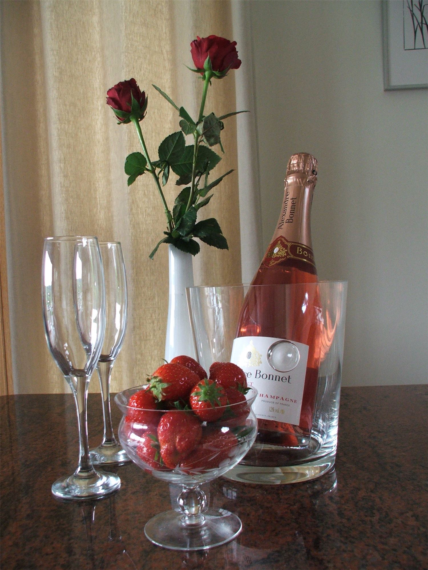 champagne, strawberries and roses 